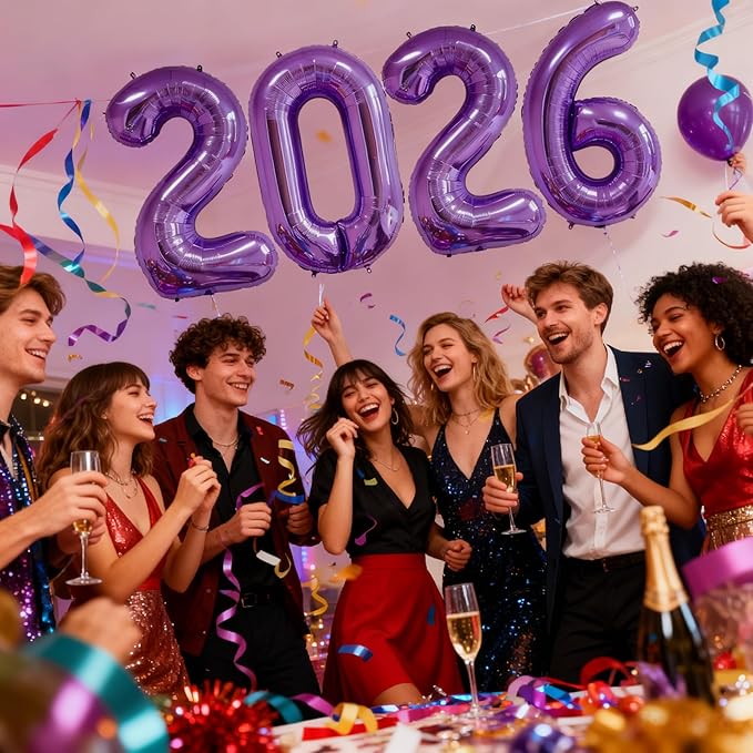2026 Purple Balloons, 40" Large Purple 2026 Balloons Helium Mylar Foil Balloons for 2026 New Year Christmas Graduation Party Decoration