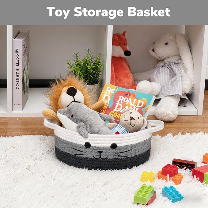 Cute Cat Toy Basket, Small Woven Basket for Organizing Living Room, Decorative Gift Baskets for Baby Shower, Pet Toys Storage, Mixed & Gray, 9.8 x 4 inches
