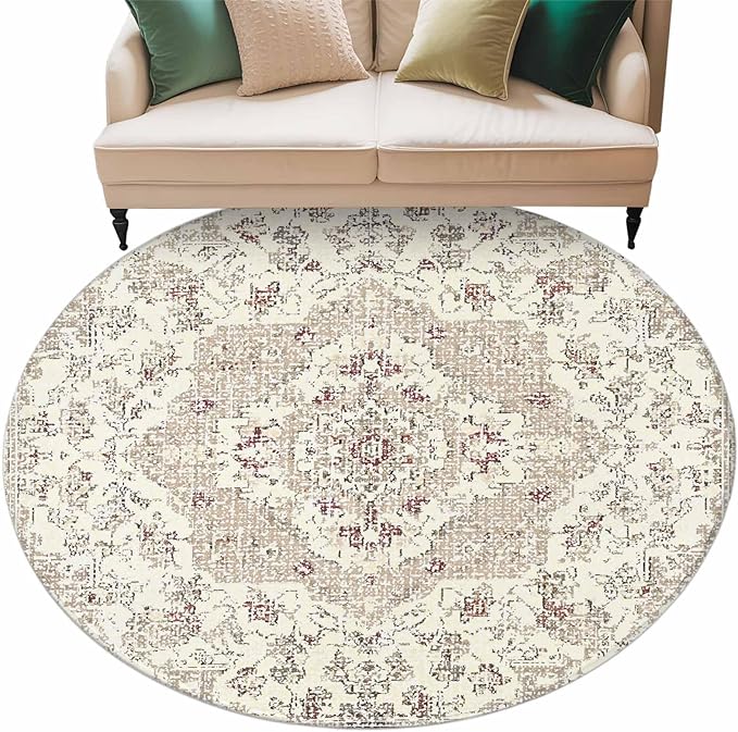 Beige Boho 8ft Round Rug, Vintage Ethnic Floral Non-Skid Rubber Backing Large Area Rugs - Living Room Bedroom Home Office, Abstract Art Geometric Indoor Floor Mat Carpets Washable Rug