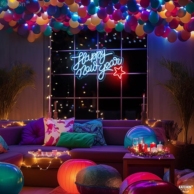 KatchOn, Blue Happy New Year LED Sign - 16x10 Inch | Happy New Year Neon Sign | Happy New Year Lighted Sign for New Years Eve Party Supplies 2026 | Happy New Year Light Up Sign for New Years Decorations 2026