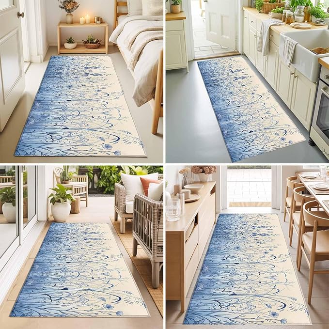 Runner Rug for Bedroom Hallway, Vintage Boho Blue Wildflowers Meadow Kitchen Runner Rugs Area Rug 2x6ft, Abstract Flower Washable Soft Floor Carpet for Entryway Stair