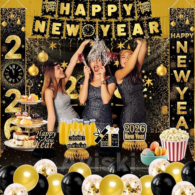 New Years Eve Party Decorations, Happy New Year 2026 Decorations for Party Supplies - Including garland banner, Background Banner, Table Centerpieces, Door/Wall Banner, Balloons