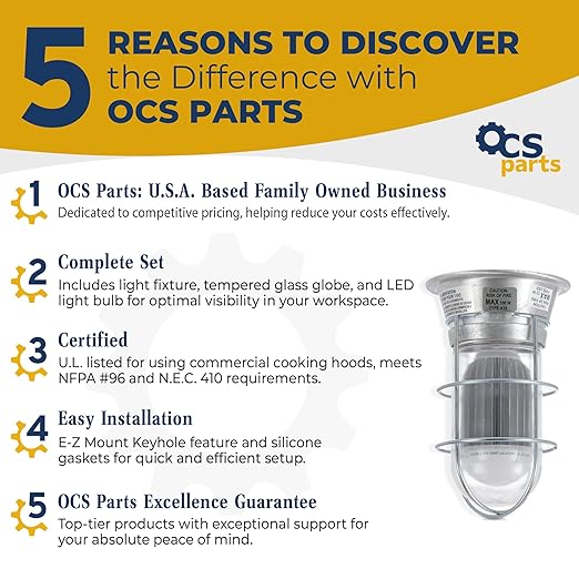 OCS Parts Commercial Kitchen Canopy Hood and Walk-in Refrigeration Lighting | Light Fixture, Globe, LED Light Bulb, and Wire Guard (Fixture + Bulb + Wire Guard)