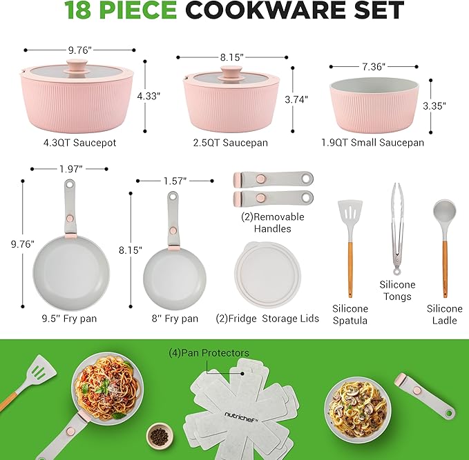 NutriChef 18-Piece Ceramic Cookware Set with Detachable Handles, Space-Saving Nonstick Pots, Pans & Lids, Oven-Safe Bowls, Stackable Storage, Includes Cooking Utensils & Accessories (Pink)