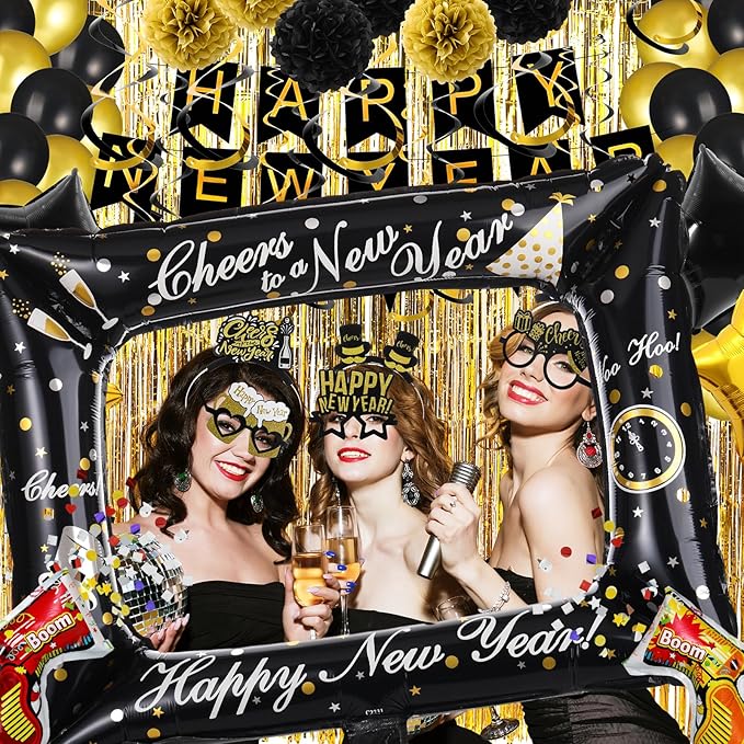 Realspring 106pcs Happy New Year Party Supplies Plastic New Year's Eve Glasses Headbands Blowouts Inflatable Fireworks Gun Balloons Foil Backdrop Hanging Swirls for 2026 Party Decor Photo Prop
