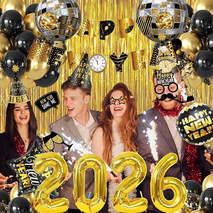 MEHOFOND Happy New Year Party Decoration Supplies 2026 Banner Fringe Curtains, Foil Balloon, Photo Booth Props, Hats, New Years Eve Black and Gold for Kids Adults Photography Kit