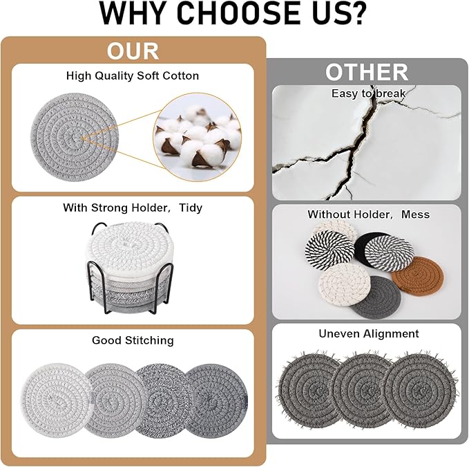 OIAHOMY 8 Pcs Coasters with Holder for Beer, Coffee, Woven Cotton Coaster Set for Table Decor for Kitchen, Bar, Dining Room, Living Room, Housewarming Gifts - Grey