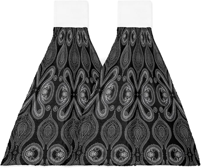Alandar Home Kitchen Tie Towel Set of 2, Traditional Paisley Vintage Flower Absorbent Soft Hand Towels for Bathroom Hanging Towels, Oriental Themed Pattern Fast Drying Cleaning Cloth with Loop