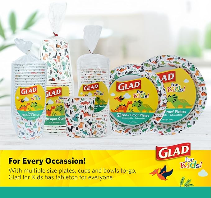 Glad for Kids Mini Dinosaurs Paper Snack Bowls, Colorful Heavy Duty Microwave Safe Disposable Bowls for Soup, Ice Cream, and Snacks, Lids Not Included, Multicolor, Party Pack, 6 Oz, 20 Count