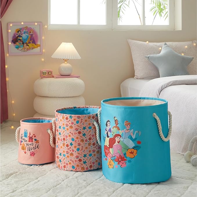 Disney Princess 3 Piece Fabric Storage Basket Set, Nestable Toy Storage Bins with Rope Handles, Kids Bedroom & Nursery Organizer