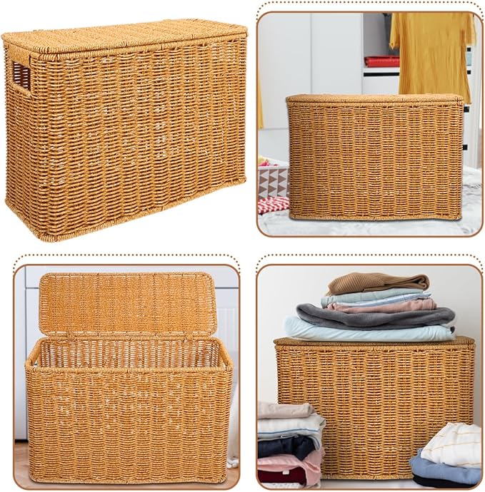 Alipis Woven Basket with Lid and Handle 15X11X6 Inch Portable Gap Storage Box for Organizing Toys Magazines Household Sundries