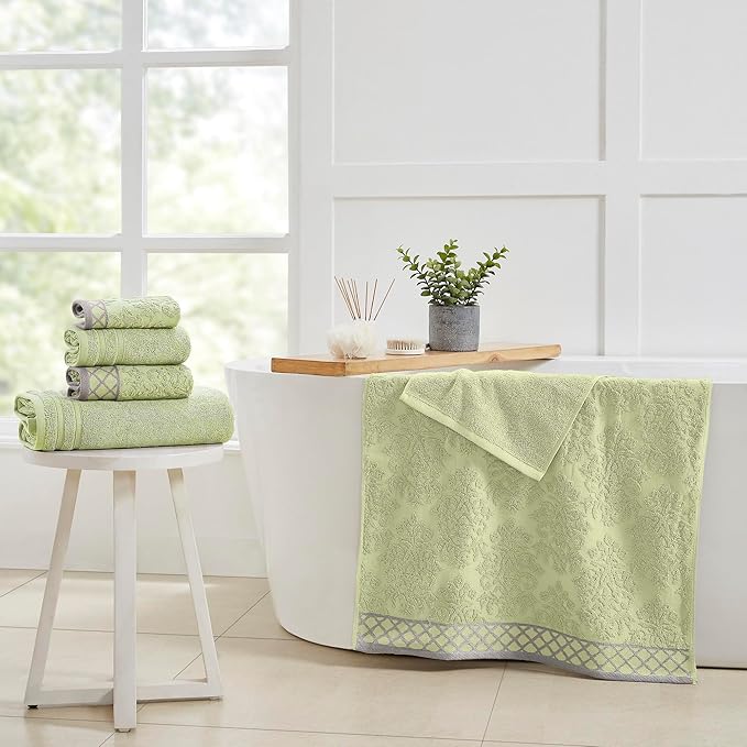 Modern Threads 6 Piece Cotton Bath Towel Set – Ultra Soft 550 GSM Towels – Bathroom Set with Hand Towels and Washcloths – Diamond Border (Soft Olive)