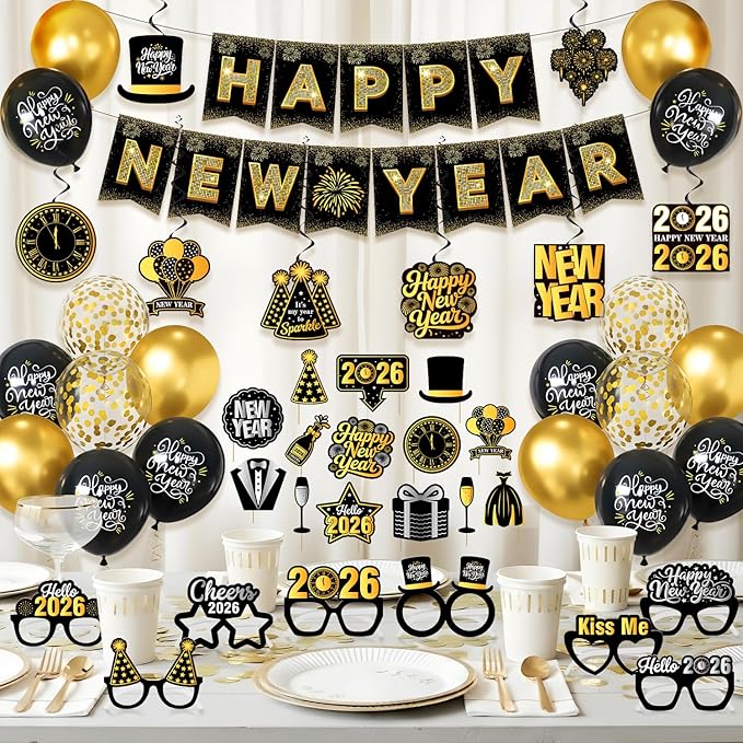 New Years Eve Party Supplies 2026, Black and Gold Happy New Year Decorations with Pre-Assembled Banner, Hanging Swirls, Balloons, Photo Booth Props and Glasses, NYE Party Decor for Home Countdown