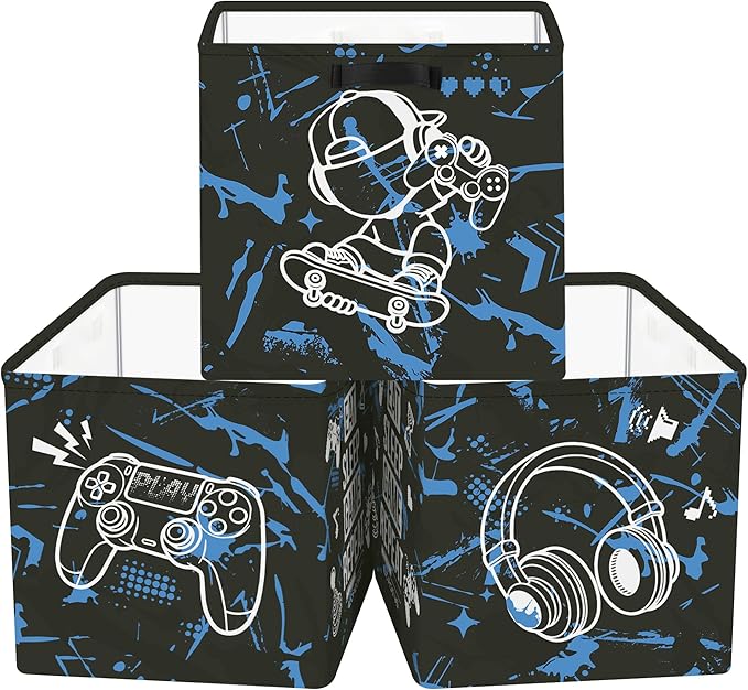 Clastyle 3 Pack 11.8'' Fabric Gamer Storage Basket for Shelves Collapsible Closet Organizers with Metal Frame Bottom Board Large Gamepad Clothes Toy Book Cube Bin for Playroom Bedroom,Blue Black