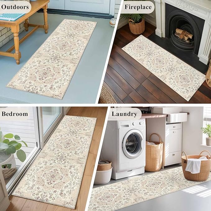 Beige Boho 2x6 Kitchen Runner Rug, Vintage Ethnic Floral Non-Skid Rubber Backing Large Rectangle Rugs - Living Room Bedroom Home Office, Abstract Art Geometric Indoor Floor Mat Carpets Washable Rug