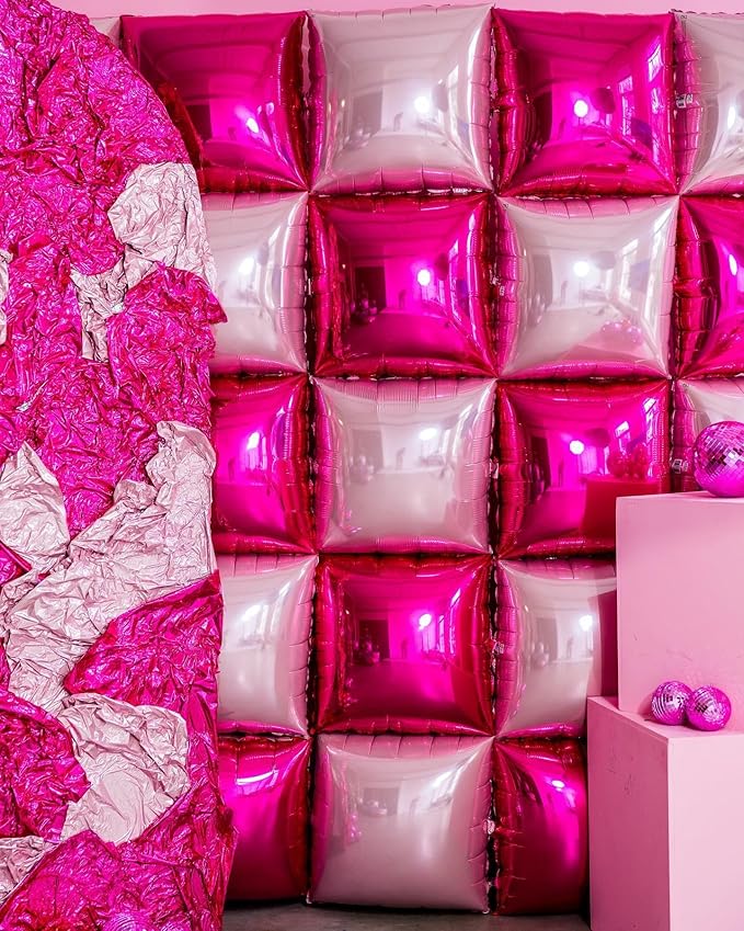 Hot Pink Square Foil Balloon Wall,25Pcs Double Sided Balloons Backdrop Foil Balloon Tunnel Arch Garland Kit for Valentine's Day Birthday Bridal Anniversary Baby Shower Party Decorations