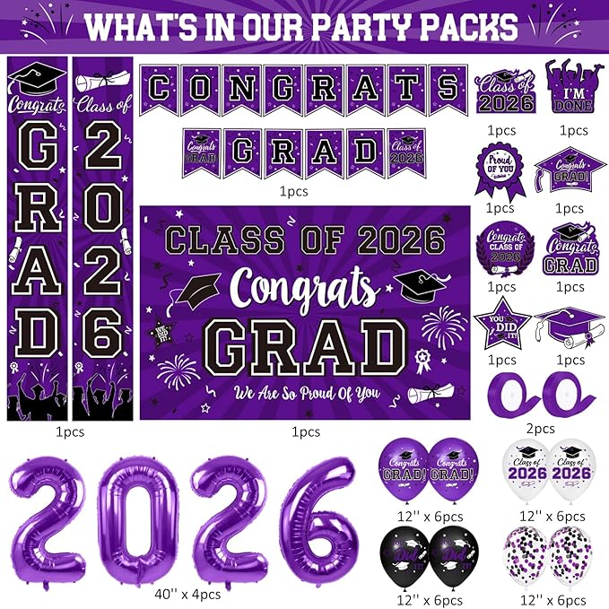 Graduation Decorations Class of 2026 Set - Purple Themed Congrats Grad Banner & Backdrop, Hanging Swirls, Porch Sign, Balloons, Foil Number 2026 for High School & College Celebrations