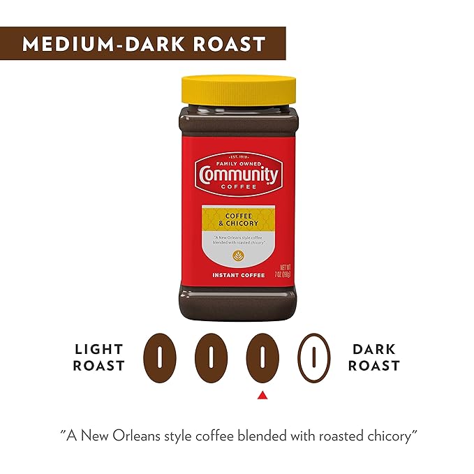 Community Coffee and Chicory Medium Dark Roast Premium Instant 7 Oz Jar, Full Body Rich Flavorful Taste, 100% Select Arabica Beans(Pack of 1)