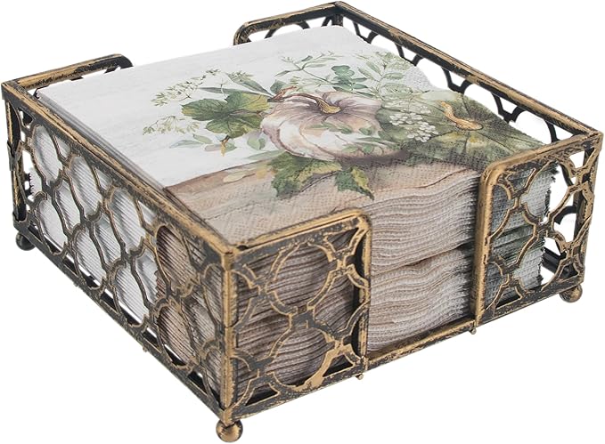 Boston International Paper Napkin Holder Caddy Dispenser for Kitchen Dining Buffet & Bar Countertops, 5.25" x 5.25" (Fits Cocktail Size), Antique Brass Trellis