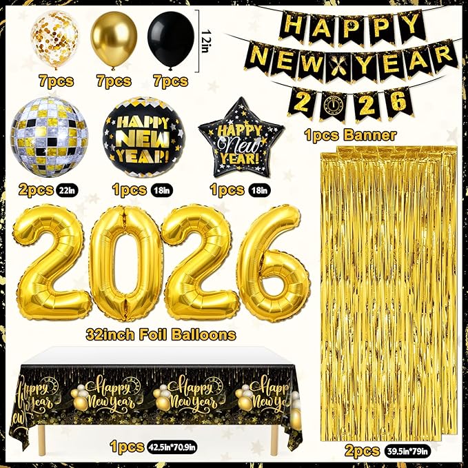 59PCS Happy New Year Party Supplies 2026-New Year Decorations 2026 with Happy New Year 2026 Banner Balloon Paper Glasses Cone Hat Fringe Curtains for Black Gold Happy New Years 2026 Decorations