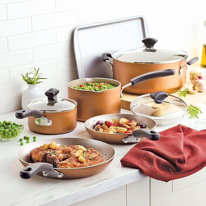 Farberware Cookstart DiamondMax Nonstick Cookware/Pots and Pans Set, Dishwasher Safe, Includes Baking Pan and Cooking Tools, 15 Piece - Copper
