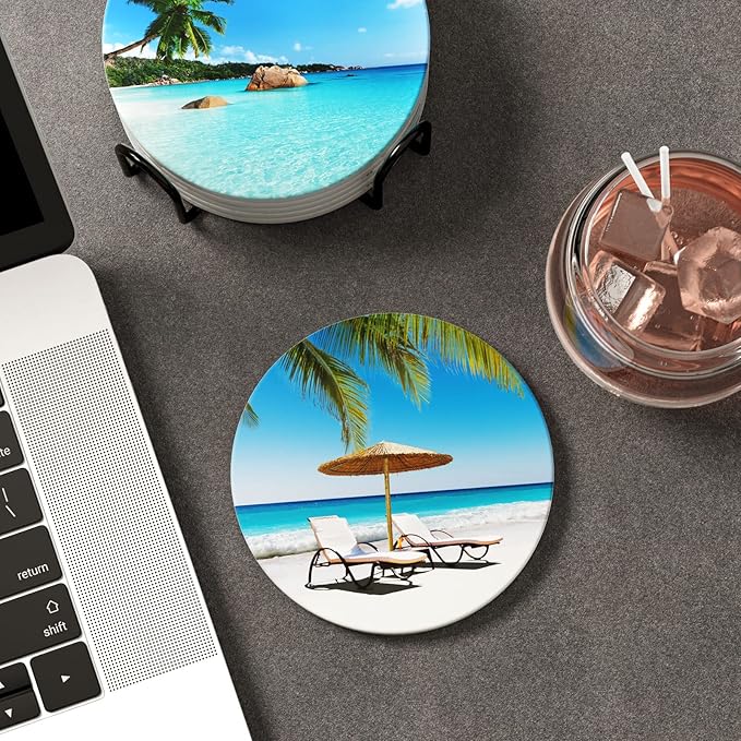 Nipichsha Coasters for Drinks, Set of 6 Cute Absorbent Ceramic Drink Coasters for Cup with Holder and Cork Base, Kitchen Home Decor Housewarming Gift, Round 4 in, Happy Beach