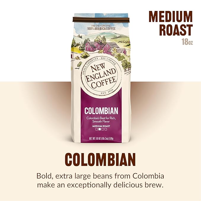 New England Coffee Colombian Medium Roast Ground Coffee, 18oz Bag (Pack of 4)