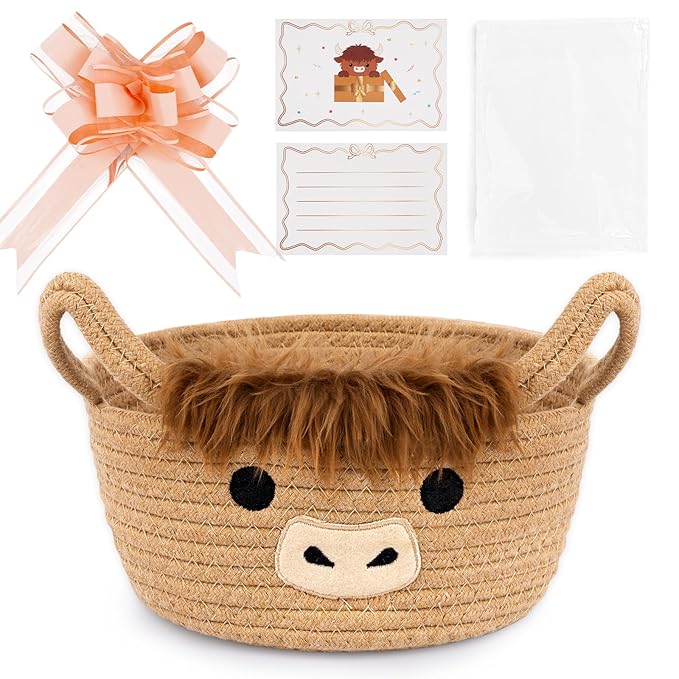 Highland Cute Cow Basket, Small Woven Rope Gift Basket with Bag Bow and Card, Empty Ribbon Cotton Storage Bin with Handles, Baby Shower 0rganizer Nursery Wedding Oval Shelves Decorative Bin