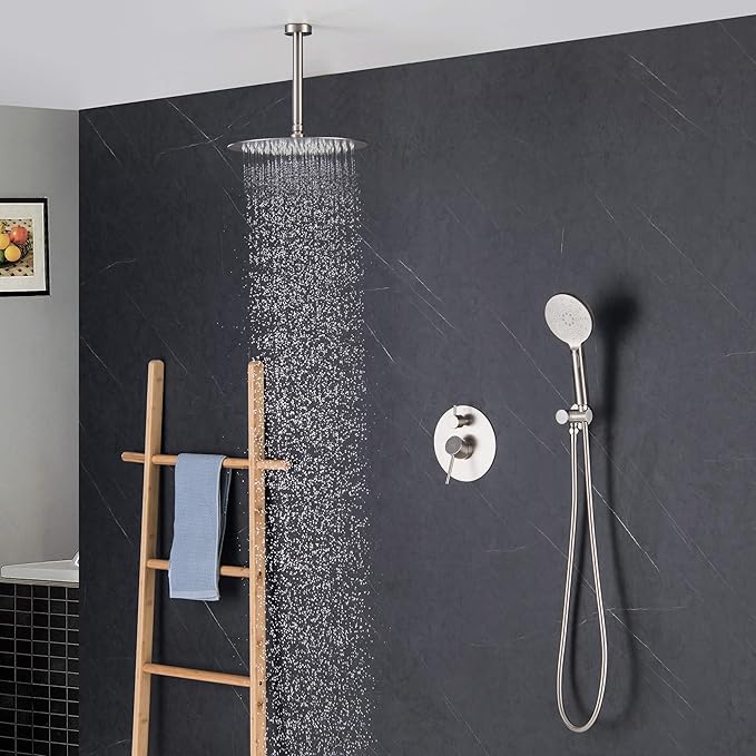 KIBI Circular Ceiling Mounted Shower System with 2-Function Faucet Set | Solid Brass Pressure Balanced Valve | Anti-Scald Design for Reliable Water Temperature Control (Brushed Nickel Finish, KSF408)