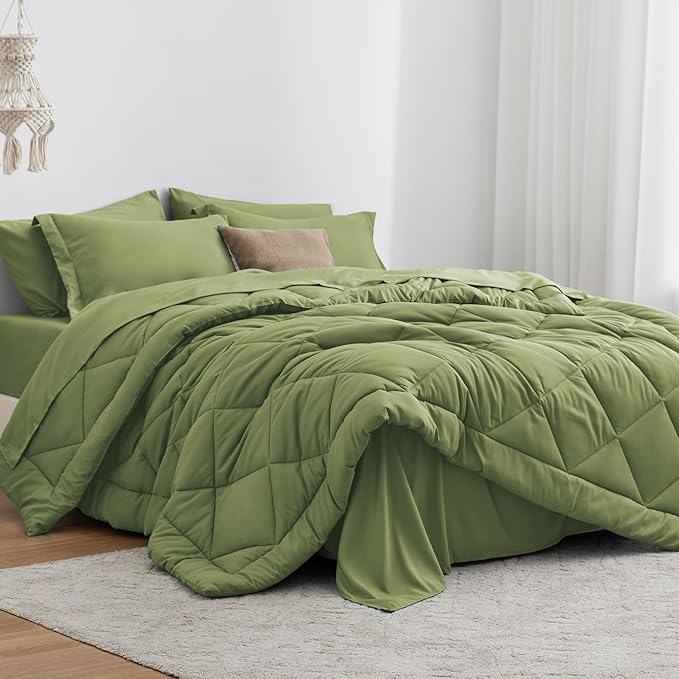 Love's cabin Queen Comforter Set Olive Green, 7 Pieces Queen Bed in a Bag, All Season Bedding Sets with 1 Comforter, 1 Flat Sheet, 1 Fitted Sheet, 2 Pillowcase and 2 Pillow Sham | Soft, Breathable, Lightweight, Comfortable