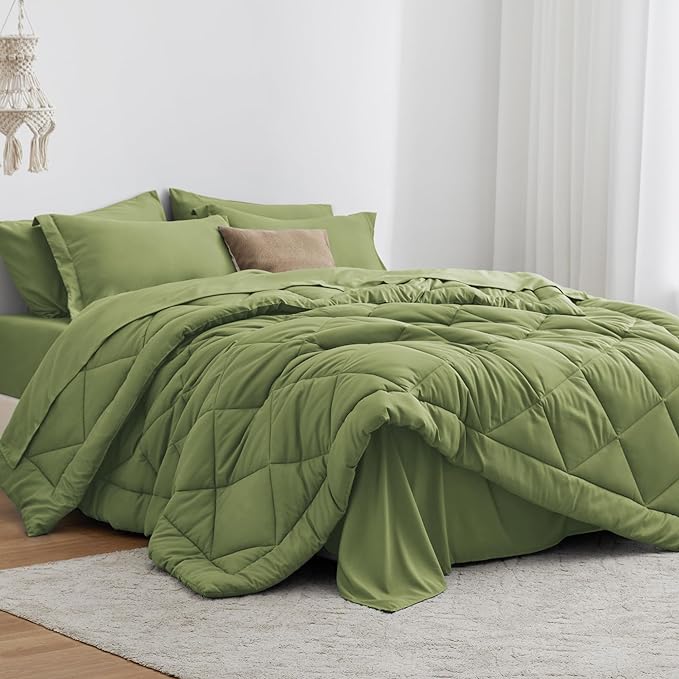 Love's cabin Full Comforter Set Olive Green, 7 Pieces Full Bed in a Bag, All Season Bedding Sets with 1 Comforter, 1 Flat Sheet, 1 Fitted Sheet, 2 Pillowcase and 2 Pillow Sham | Soft, Breathable, Lightweight, Comfortable