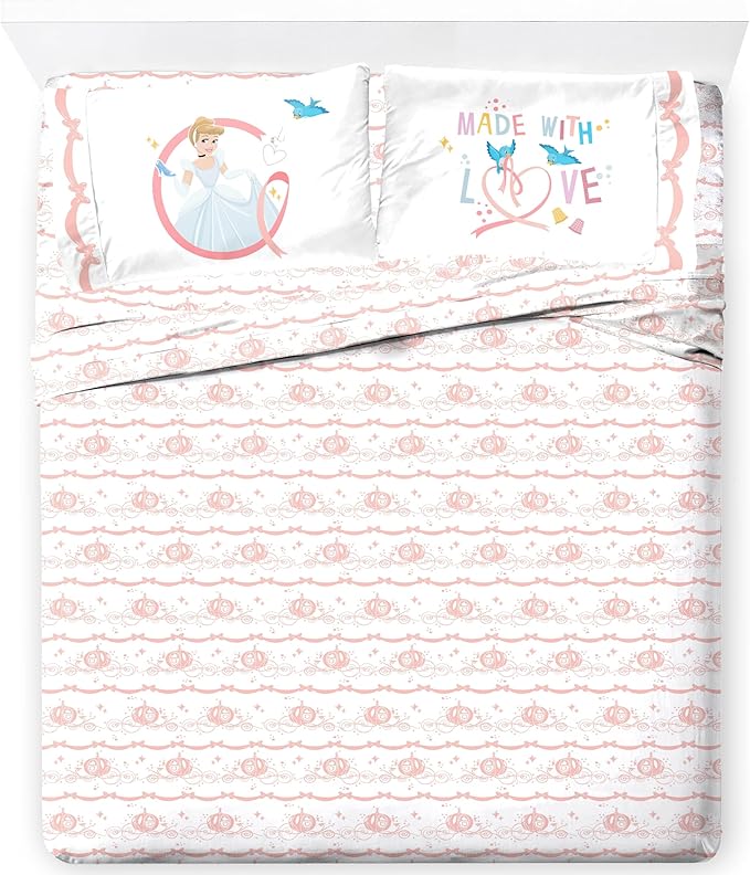 Jay Franco Kids Sheet Set with Fitted, Flat Sheets & Pillow Cover - Ultra-Soft Bedding with Pillowcase for Room Decor, White - Princess Cinderella, 4 Piece Full