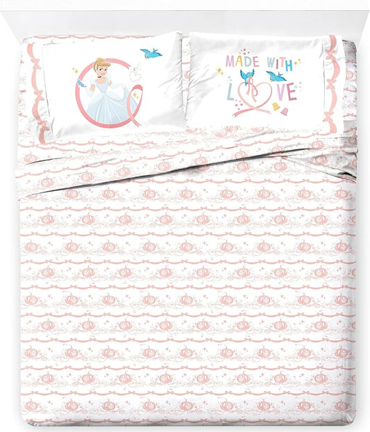 Jay Franco Kids Sheet Set with Fitted, Flat Sheets & Pillow Cover - Ultra-Soft Bedding with Pillowcase for Room Decor, White - Princess Cinderella, 4 Piece Full