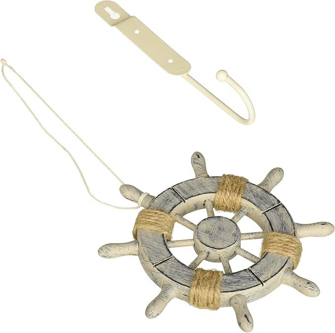 Hampton Nautical Rustic Decorative Ship Wheel with Sailboat and Hook 8" - Ship Wheel Decor - Na