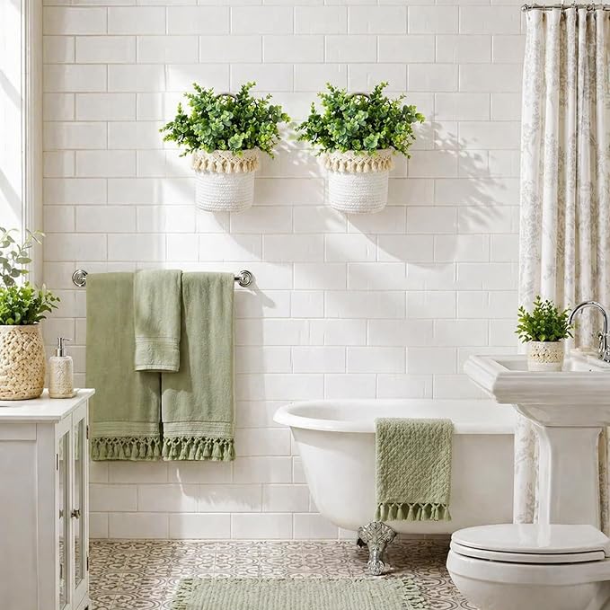 2 Pcs Hanging Cotton Rope Baskets with Tassels 4 Pcs Faux Eucalyptus Stems, Boho Wall Decor, White Woven Plant Basket with Artificial Eucalyptus Leaves for Bedroom, Farmhouse Home Decor