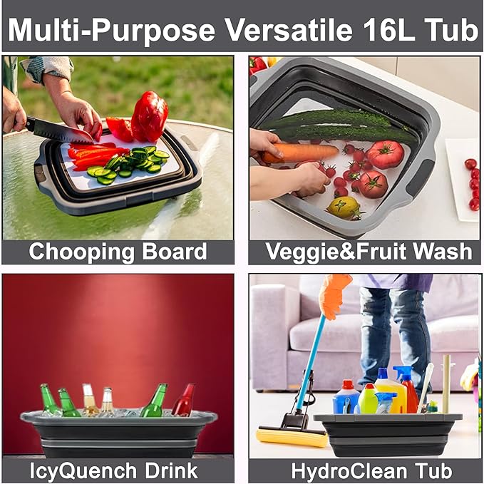 Collapsible BBQ Prep Tub 16L Black | Portable Meat Marinating Container with Locking Cutting Board Lid, BBQ Tongs, Grill Mesh, Silicone Brush & 3 Roasting Sticks for Camping & Outdoor Grilling