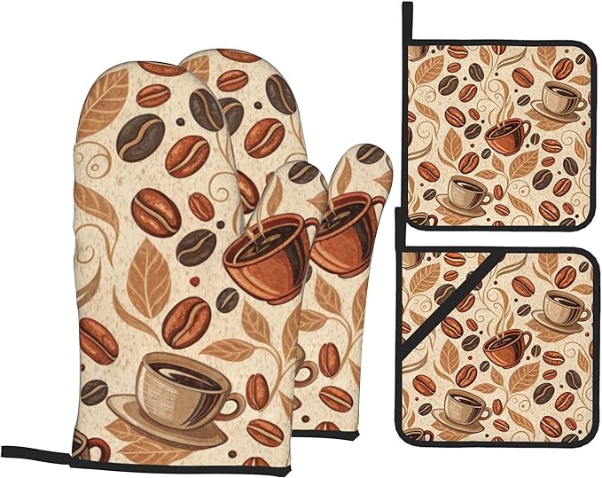 Vintage Coffee Leaves Oven Mitts and Heat Resistant Pads - Heat Resistant Gloves Potholder Set of 4 for Cooking, BBQ, Gifts for Women