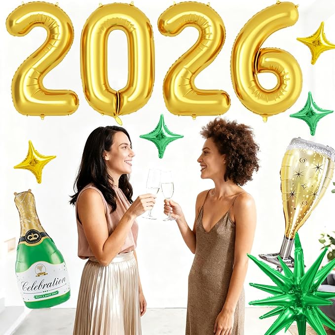 Gold 2026 Balloons, 40 Inch Number Gold Foil Balloons, Gold and Green Star Balloon with Champagne Bottle Glass Balloon for Happy New Years Eve Party Supplies 2026 Class of 2026 Graduation Decorations