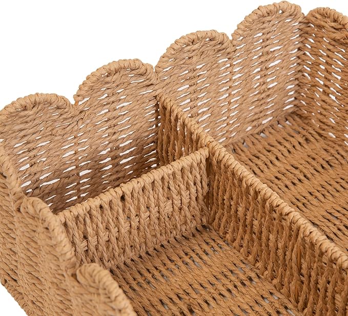 Rattan Divided Scalloped Basket,Wicker Diaper Caddy Scalloped Baske,Woven Natural Basket with 4 Dividers,Suitable for Baby Rooms, Bathrooms, Bedrooms (Paper Rope)