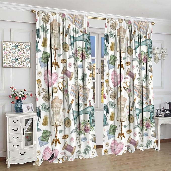 Sewing Theme Window Curtain,Vintage Sewing Machine Tool Watercolor Pattern Print Blackout Curtains for Bedroom Cafe Dining Room Office Living Room Kitchen Drapes, 63x63 in