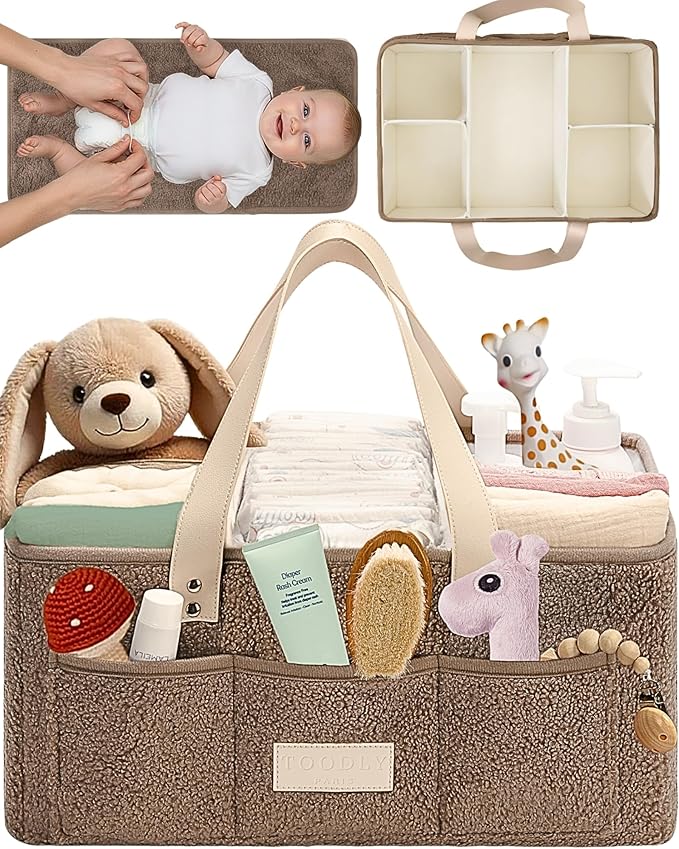Baby Diaper Caddy Organizer with Portable Changing Mat - Teddy Fleece Diaper Organizer for Changing Table - Basket for Changing Essentials - Baby Essentials Organizer with Removable Dividers