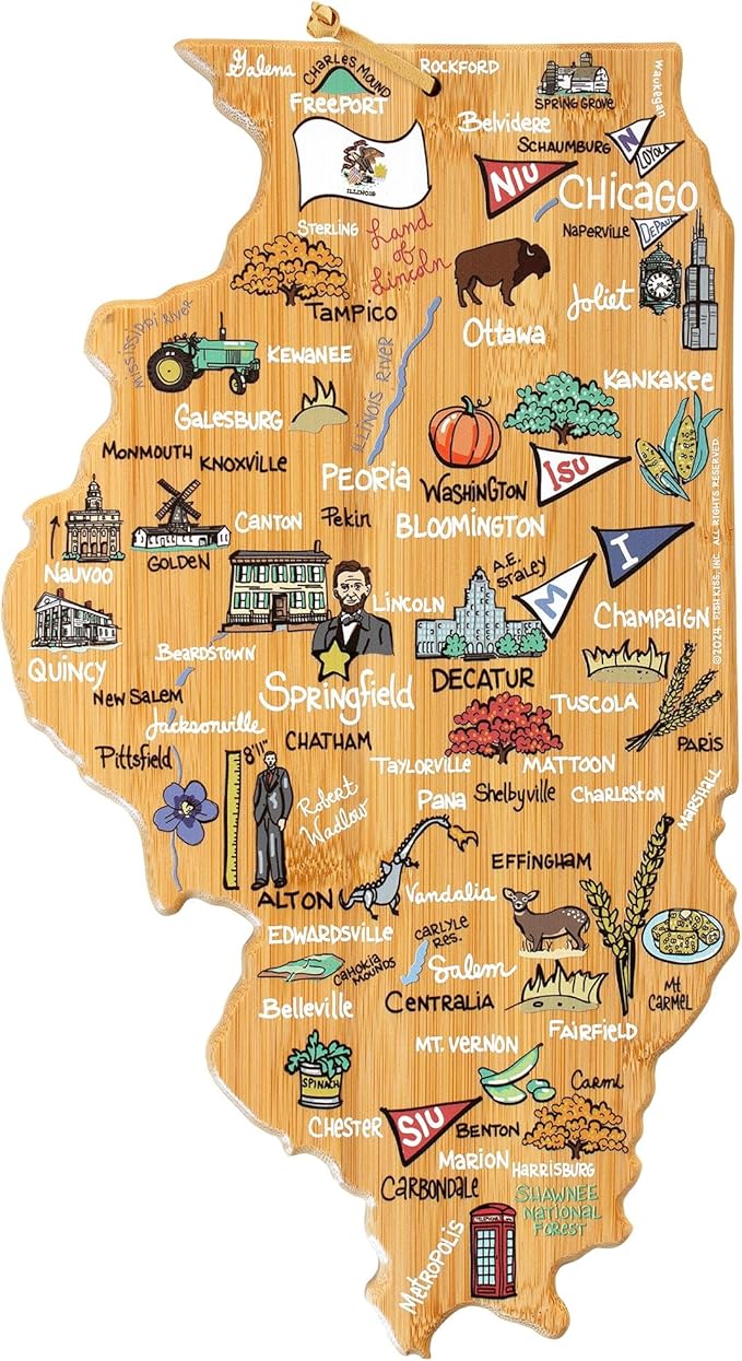 Totally Bamboo Illinois State Shaped Cutting Board and Charcuterie Serving Platter with Artwork by Fish Kiss, Includes Hang Tie for Wall Display
