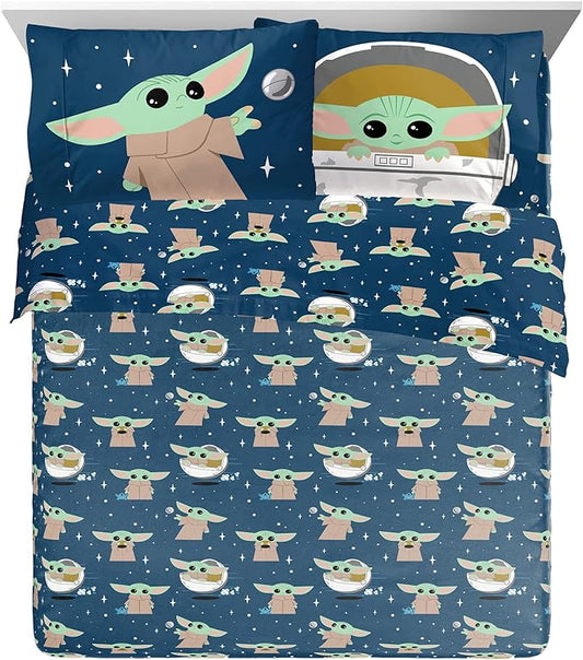 Jay Franco Kids Sheet Set with Fitted, Flat Sheets & Pillow Cover - Ultra-Soft Bedding with Pillowcase for Room Decor, Blue - Mandalorian, 4 Piece Queen