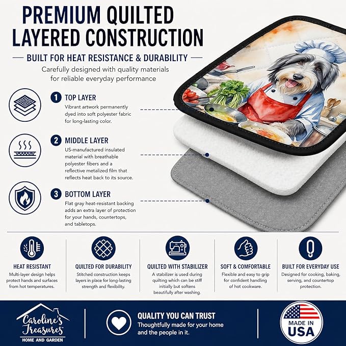 Caroline's Treasures Bearded Collie The Chef Pair of Pot Holders Kitchen Heat Resistant Pot Holders Sets Oven Hot Pads for Cooking Baking BBQ, 7 1/2 x 7 1/2