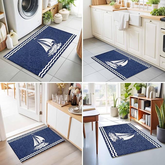 Area Rug 2x3ft, Nautical Sailing Boat on Steel Blue Washable Rugs for Living Room Bedroom, Vintage Water Waves Soft Non-Slip Area Rugs Rectangle Floor Carpet for Dining Room