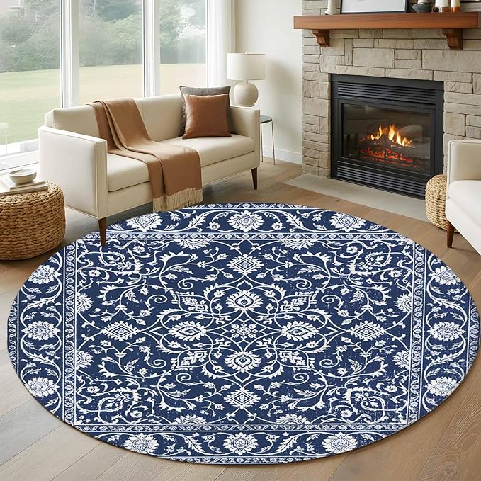 Washable Round Area Rug Navy Blue Paisley Floral Texture Circle Rugs Floor Carpet for Living Room Bedroom, Vintage Tribe Flower Soft Non Slip Round Rug 5ft