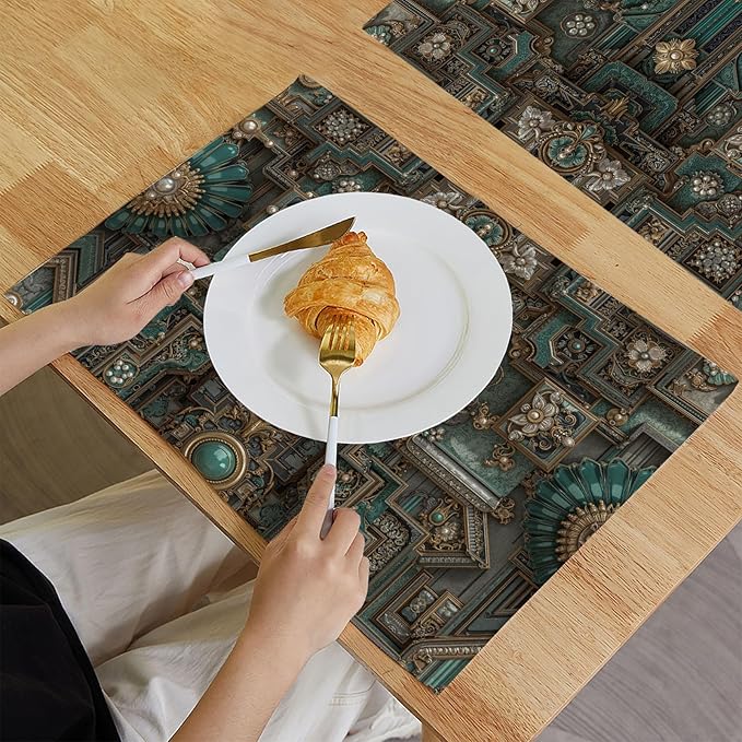 Table Mats Set of 6 Washable Baroque Style Placemats Heat Resistant Non-Slip Retro Metal Fixtures Place Mats Easy to Clean for Kitchen Dinning Restaurant, Bronze