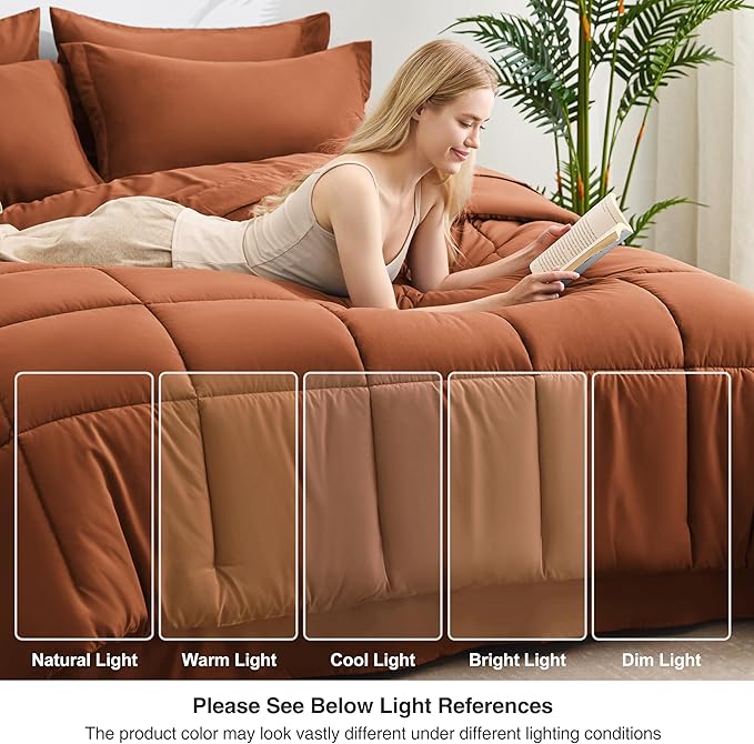 Love's cabin Full Comforter Set Burnt Orange, 7 Pieces Full Bed in a Bag, All Season Bedding Sets with 1 Comforter, 1 Flat Sheet, 1 Fitted Sheet, 2 Pillowcase and 2 Pillow Sham | Soft, Breathable, Lightweight, Comfortable
