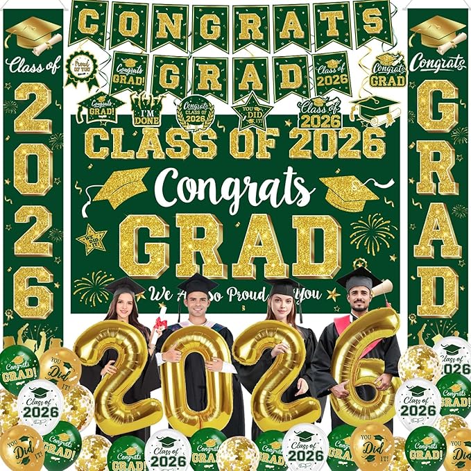 Graduation Decorations Class of 2026 - Green and Gold Graduation Party Supplies Include Backdrop, Banner, Hanging Swirls, Porch Sign, Balloons for Congrats Grad Decorations