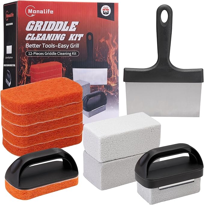 12 PCS Griddle Cleaning Kit for Blackstone, Heavy Duty Flat Top Grill Brush Set with Scraper & Stone – Complete BBQ Accessories for Outdoor Camping